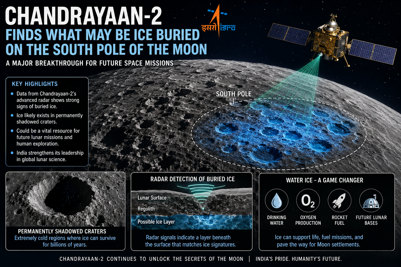 Chandrayaan-2 Finds What May Be Ice Buried on the South Pole of the Moon: A Major Breakthrough for Future Space Missions